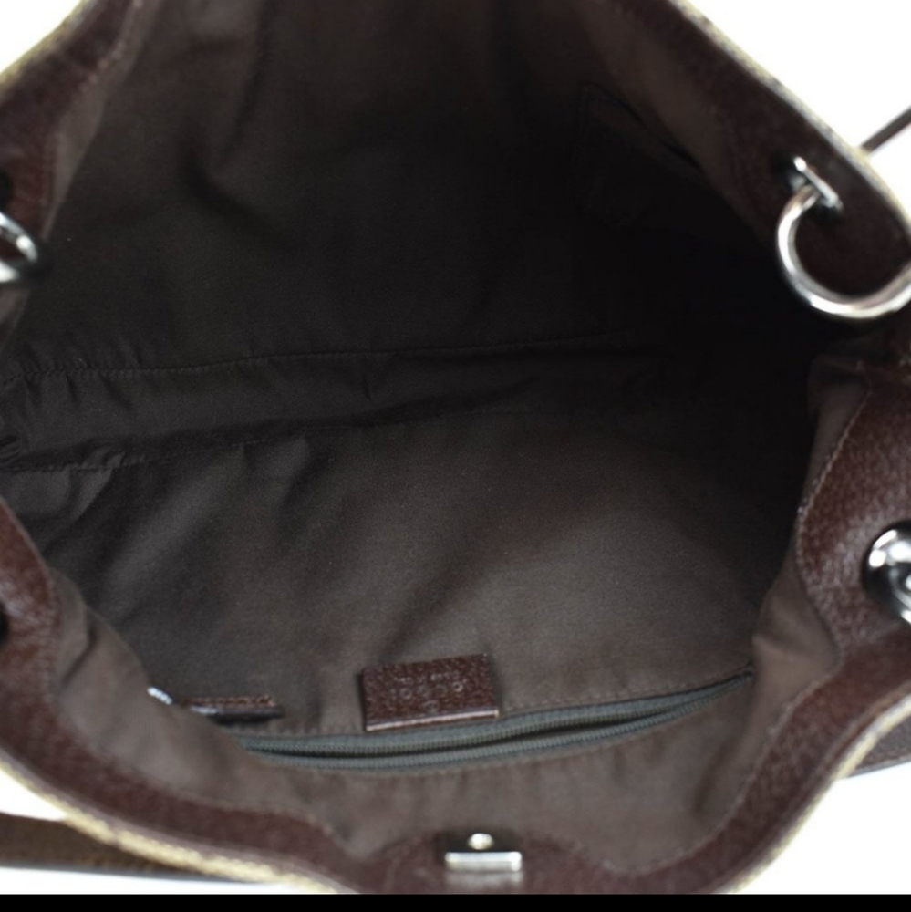 GUCCI: Beige, "GG" Logo & Brown Leather Logo Tote/Shoulder Bag - Picture 7 of 9